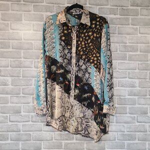 Paris Hues Wearable Art Blouse Top Jungle Animals Mixed Media Womens L Tunic